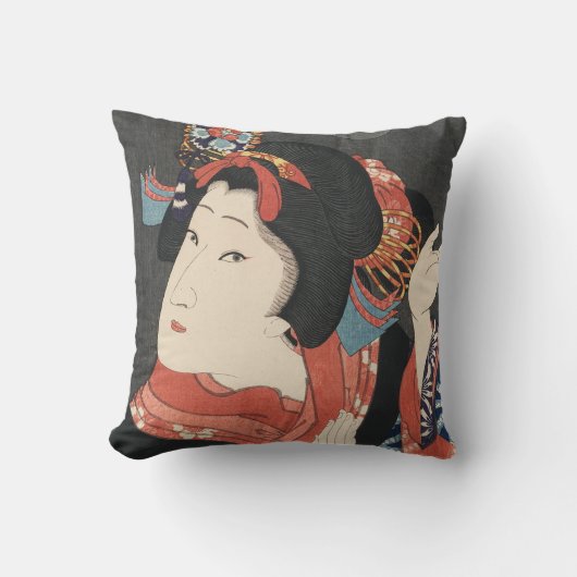 カラフルで日本のな女性のヴィンテージの絵を描くこと クッション (正面)