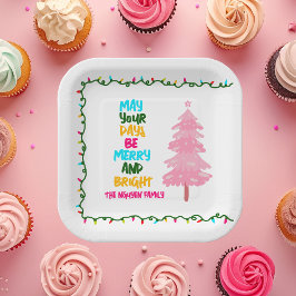 カラフルで明るいピンクのクリスマスツリーパーティー ペーパープレート