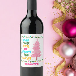 カラフルで明るいピンクのクリスマスツリーパーティー ワインラベル