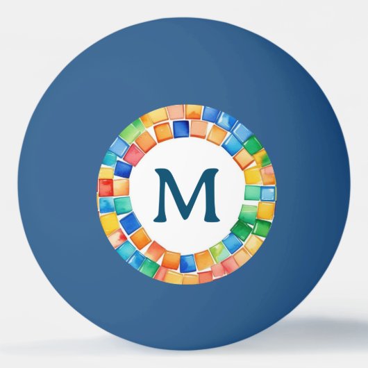 カラフルで明るいモザイクボーダー柄のイニシャル入り 卓球ボール (正面)