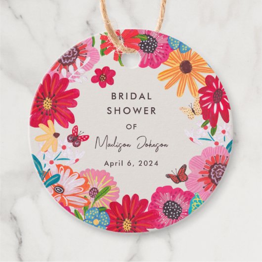 カラフルで明るいワイルドフラワーのブライダルシャワー フェイバータグ (正面)