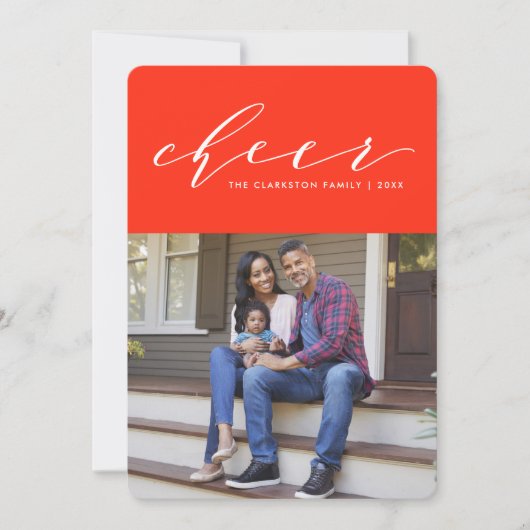 カラフルで楽しいスクリプト 赤いホリデー フォト カード (正面)