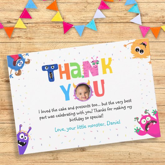 カラフルで楽しいリトルモンスターの誕生日パーティーの写真 サンキューカード