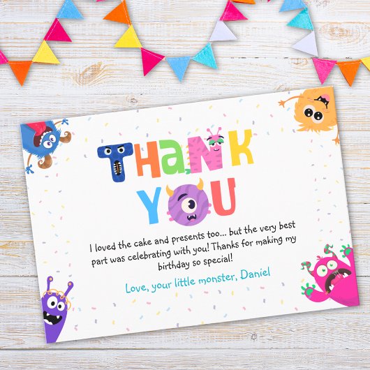カラフルで楽しいリトルモンスターの誕生日パーティー サンキューカード
