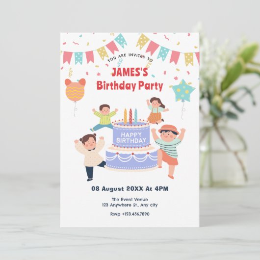 カラフルで楽しい子供の誕生日パーティー 招待状 (スタンド正面)