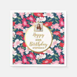 カラフルで楽しい花柄のオーダーメイドフォト誕生日 スタンダードカクテルナプキン