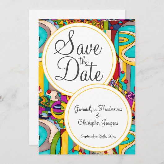 カラフルで現代的な抽象的な「Save the Date」デザイン セーブザデート (正面/裏面)