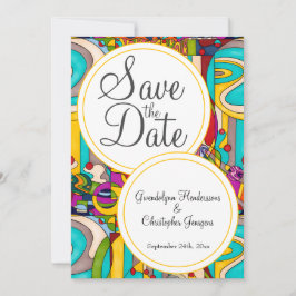 カラフルで現代的な抽象的な「Save the Date」デザイン セーブザデート