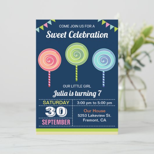 カラフルで甘い棒つきキャンデーの誕生日のパーティの招待状 招待状 (スタンド正面)