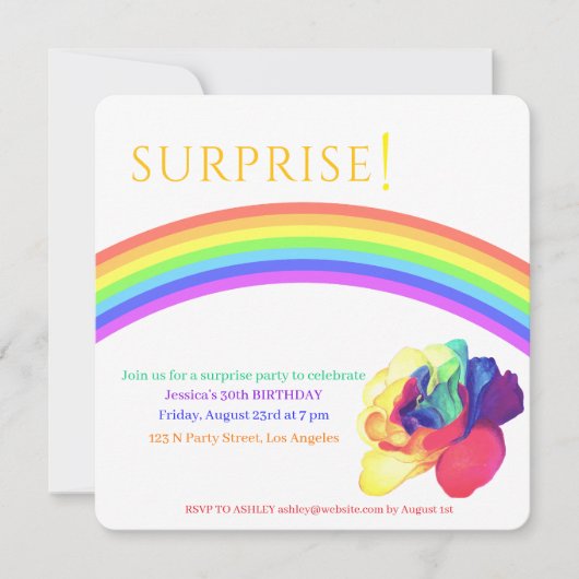 カラフルで素晴らしいサプライズパーティー 招待状 (正面)