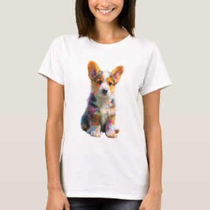 カラフルで芸術的なスプラッター コーギー パピー 女性 Tシャツ