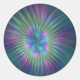 カラフルで輝く幻想的な花の抽象フラクタルアート ラウンドシール