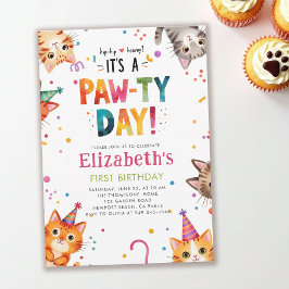 カラフルで遊び心のある子猫たちの1歳の誕生日 招待状