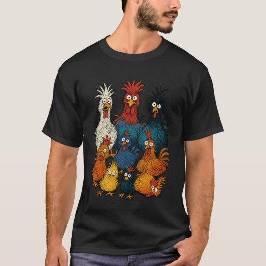 カラフルで面白いニワトリの芸術的な家族 Tシャツ (正面)