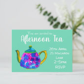 カラフルで風変わりなお茶のポットを使った午後のティーパーティー 招待状 (スタンド正面)