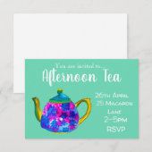 カラフルで風変わりなお茶のポットを使った午後のティーパーティー 招待状 (正面/裏面)