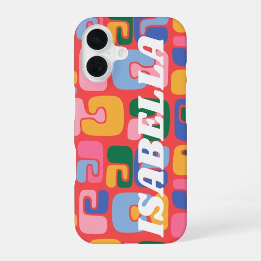 カラフルで鮮やかな抽象的な形のカスタムネーム iPhone 16ケース (裏面)
