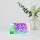 カラフルで鮮やかな抽象的な羽根、紫と緑 名刺 (スタンド正面)