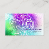 カラフルで鮮やかな抽象的な羽根、紫と緑 名刺 (正面)