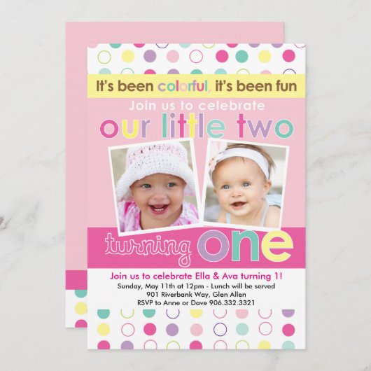 カラフルなおもしろいの双生児の女の子の最初誕生日の招待状 招待状 (正面/裏面)