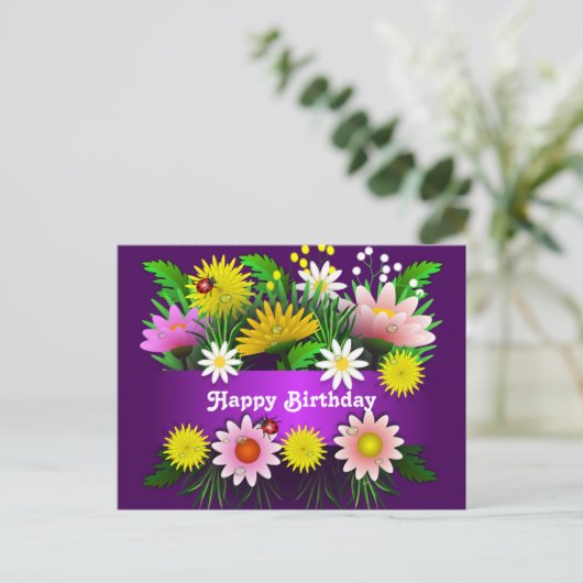 カラフルなお花とクモグモと水彩画の誕生日 ポストカード (スタンド正面)