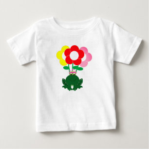 カラフルなお花と可愛いカエル トッドラーTシャツ ベビーTシャツ