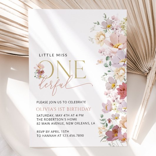 カラフルなお花と野の花、ファーストバースデー 招待状