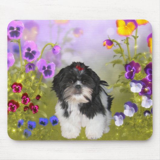 カラフルなお花に囲まれたシーズー犬のマウスパッド マウスパッド (正面)