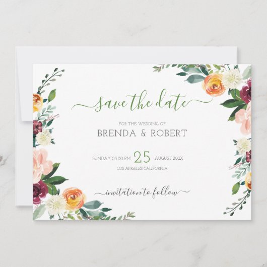 カラフルなお花のフレーム セーブザデート (正面)