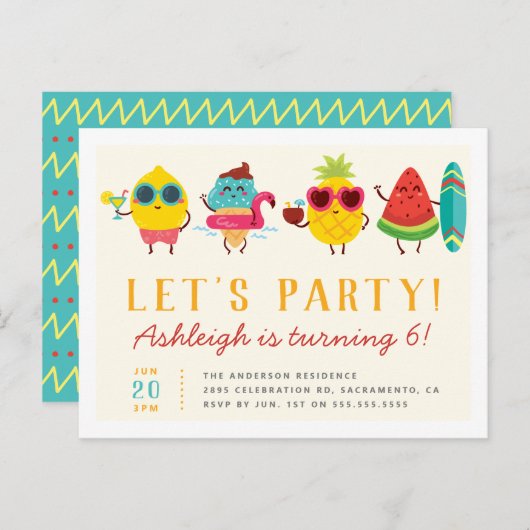 カラフルなかわいいの夏の子供の誕生会 インビテーションポストカード (正面/裏面)