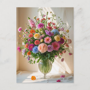 カラフルなかわいいミックスフラワーブーケ透明の花瓶 シーズンポストカード