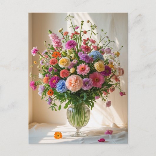 カラフルなかわいいミックスフラワーブーケ透明の花瓶 シーズンポストカード (正面)