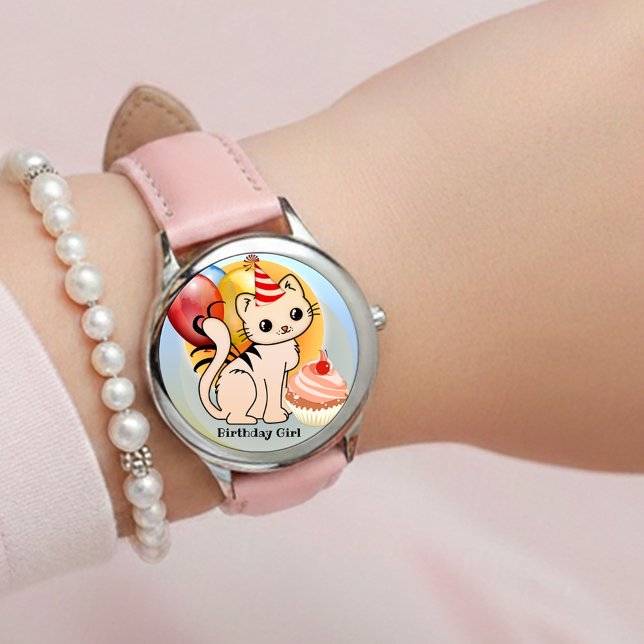 カラフルなかわいい子猫の誕生日 腕時計 (Cute festive girly birthday watch featuring a kitten with balloons and a cupcake)