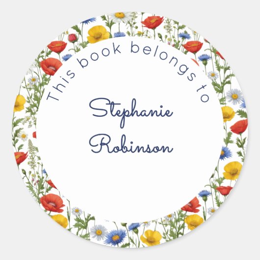 カラフルなかわいい野の花 この本は（誰かの名前）のもの ラウンドシール (正面)