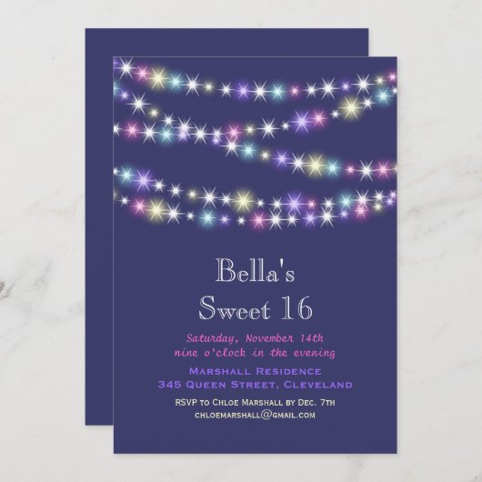 カラフルなきらめきは菓子16の招待状の紫色をつけます 招待状 (正面/裏面)