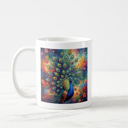 カラフルなくじゃく+花々 コーヒーマグカップ (左)