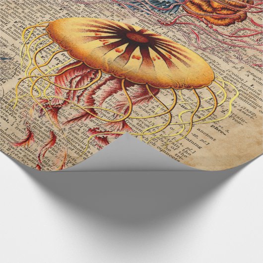 カラフルなくらげの海洋生物のヴィンテージの古書のページ ラッピングペーパー (角)