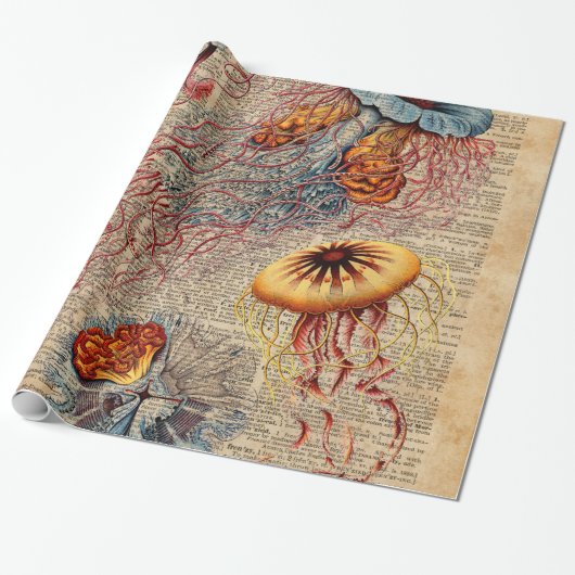 カラフルなくらげの海洋生物のヴィンテージの古書のページ ラッピングペーパー (アンロールド)