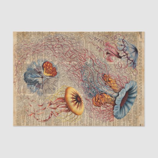 カラフルなくらげの海洋生物のヴィンテージの古書のページ 薄葉紙 (正面)