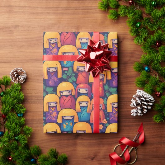 カラフルなこけし人形の模様 ラッピングペーパー (クリスマスギフト)