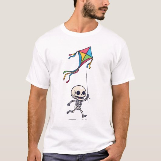 カラフルなたこを飛ばして走る幸せなちびスケルトン Tシャツ (正面)