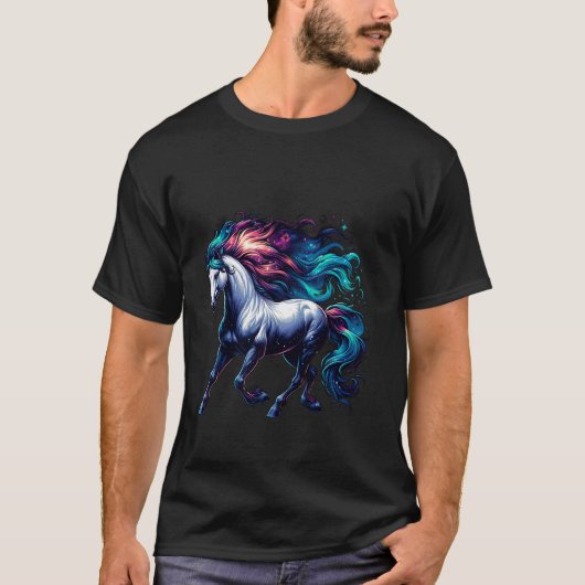 カラフルなたてがみを持つ銀河の馬 Tシャツ (正面)