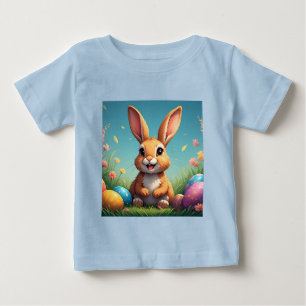 カラフルなたまごに囲まれた愛らしいイースターバニー ベビーTシャツ