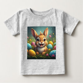カラフルなたまごに囲まれた愛らしいイースターバニー ベビーTシャツ