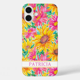 カラフルなひまわりの絵 名入れ iPhone 16 PLUSケース