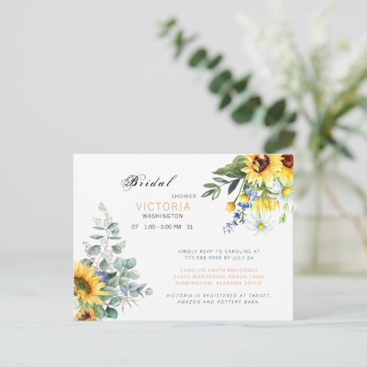 カラフルなひまわりの花のウェディングシャワー 案内ポストカード (スタンド正面)