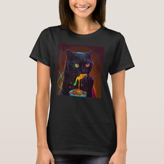 カラフルなものを食べる黒猫 Tシャツ (正面)