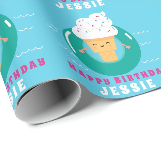 カラフルなアイスクリームのプールを囲んでのパーティは夏の誕生日をからかいます ラッピングペーパー (ロールコーナー)