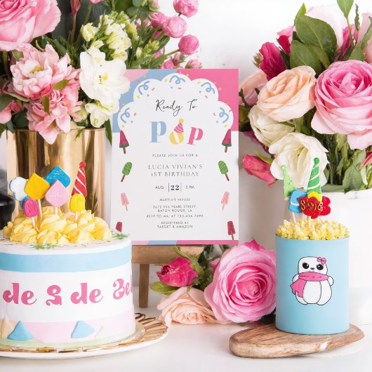 カラフルなアイスクリームの1歳の誕生日 招待状