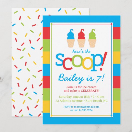 カラフルなアイスクリームコーンの誕生日パーティー招待状 招待状 (正面/裏面)